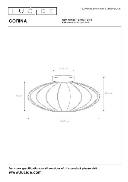 Lucide CORINA - Plafonnier - Ø 40 cm - 1xE27 - Noir - technique